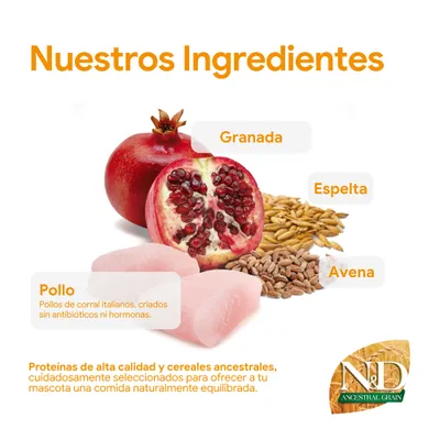 Ingredientes: granada, espelta, avena, carne de pollo de gallinas camperas italianas sin antibióticos ni hormonas. Proteínas de alta calidad y cereales ancestrales para una alimentación equilibrada para mascotas.
