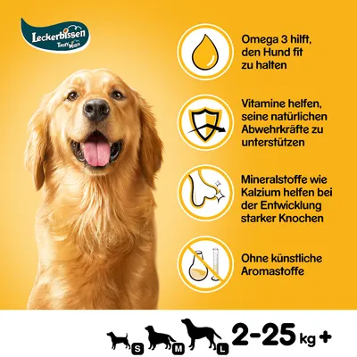 Leckerbissen Tasty Minis. Omega 3 für Fitness, Vitamine für Abwehrkräfte, Kalzium für starke Knochen, ohne künstliche Aromastoffe. Geeignet für Hunde von 2-25 kg (S, M, L).