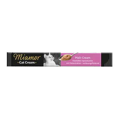 Miamor Cat Cream Malt-Cream, Haarballen-Spezialcreme mit Malzextrakten, verdauungsfördernd. Obal s obrázkem kočky a lžičkou krému.