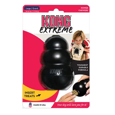 KONG Extreme Large 13–30 kg, gioco nero per cani, scritte visibili: Power Chewers, Toughest Durable Formula, Insert Treats, Made in USA, Your dog will love you for it.