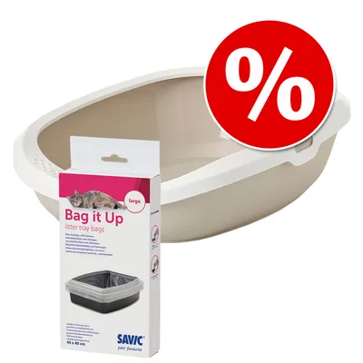 Kattenbak met verpakking Savic Bag it Up litter tray bags large, 46x40 cm. Rood kortingssymbool met wit procentteken zichtbaar.
