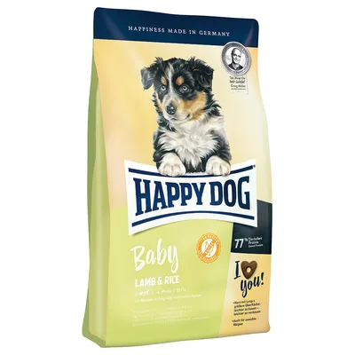 Opakowanie karmy Happy Dog Baby Lamb & Rice, widoczny szczeniak, tekst: 77% białka zwierzęcego, I love you!, dla szczeniąt 1–6 miesięcy, Happiness made in Germany.