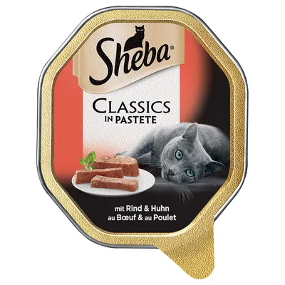 Sheba Classics in Pastete, mit Rind & Huhn. Billede af grå kat og skiver af paté på tallerken. Tekst også på fransk: au Boeuf & au Poulet.
