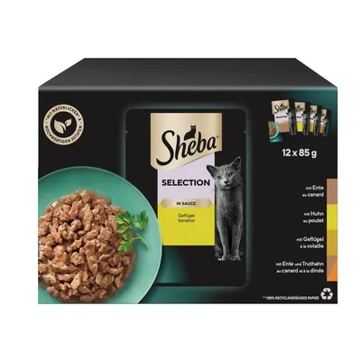 Sheba Selection in Sauce hydinová variácia, 12 x 85 g. S prírodnými kvalitnými ingredienciami. Príchute: kačica, kuracie, hydina, kačica a moriak. Balenie zo 100 % recyklovateľného papiera.