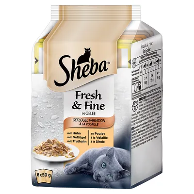 Sheba Fresh & Fine en gelée, variation à la volaille, au poulet, à la dinde, 6 x 50 g. Image d’un chat gris et d’une assiette de nourriture. Texte en allemand et français visible.