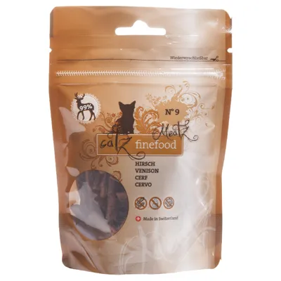 catz finefood Meatz No 9, 99 % Hirsch, Venison, Cerf, Cervo. Prozirni dio s prikazom proizvoda. Made in Switzerland. Zatvoriva ambalaža.