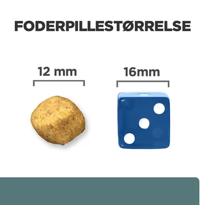 Foderpille ved siden af blå terning. Tekst: Foderpillestørrelse, 12 mm under foderpillen, 16 mm under terningen. Sammenligning af størrelser.