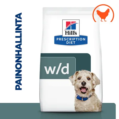 Hill's Prescription Diet w/d koiranruokapakkaus, painonhallinta, kanan kuva, teksti 'PAINONHALLINTA' vasemmalla. Pakkaus ja tuotemerkki näkyvissä.