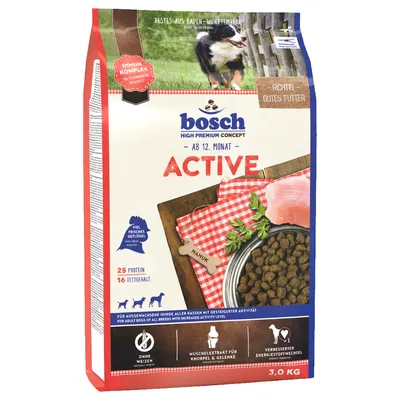 bosch High Premium Concept Active, 12 kuukaudesta alkaen, paljon tuoretta siipikarjaa, ilman vehnää, 25 % proteiinia, 16 % rasvaa, aktiivisille kaikille roduille, 3 kg pakkaus.