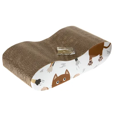 Wellpapp-klösbräda med kattmotiv och medföljande påse, troligen med kattmynta.