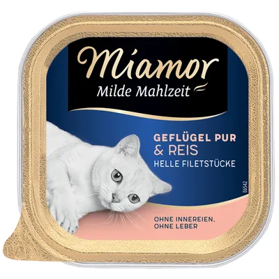 Miamor Milde Mahlzeit, Geflügel pur & Reis, helle Filetstücke. Ohne Innereien, ohne Leber. Billede af kat på emballagen.
