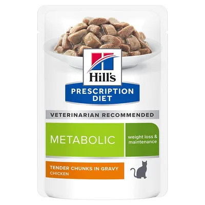 Hill's Prescription Diet Metabolic, weight loss & maintenance, tender chunks in gravy chicken, raccomandato dal veterinario, bustina di cibo per gatti con pezzi in salsa visibili.