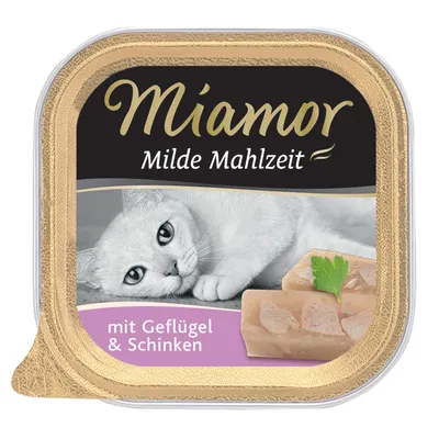 Miamor Milde Mahlzeit kattefoder, synligt stykke foder med persille, tekst: mit Geflügel & Schinken