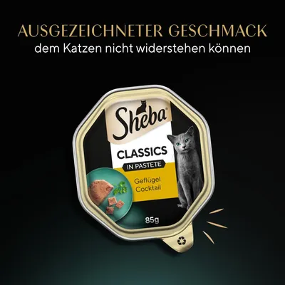 Sheba Classics in Pastete Geflügel Cocktail, 85g. Ausgezeichneter Geschmack, dem Katzen nicht widerstehen können.