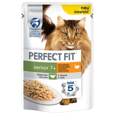 Perfect Fit senior 7+ con pavo y zanahorias en salsa. Refuerza el corazón. 5 beneficios para la salud. Desarrollado con veterinarios del Waltham Centre for Pet Nutrition.