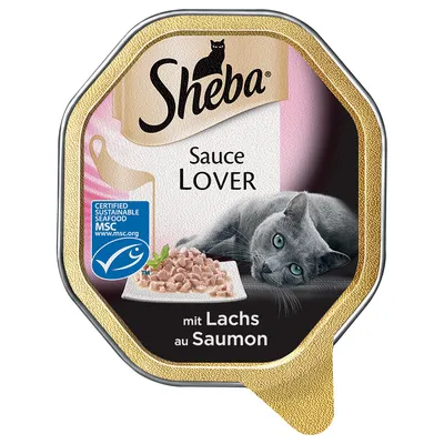 Sheba Sauce Lover kattefoder med laks, MSC-certificeret bæredygtig seafood. Tekst: mit Lachs au Saumon. Billede af grå kat og tallerken med vådfoder.
