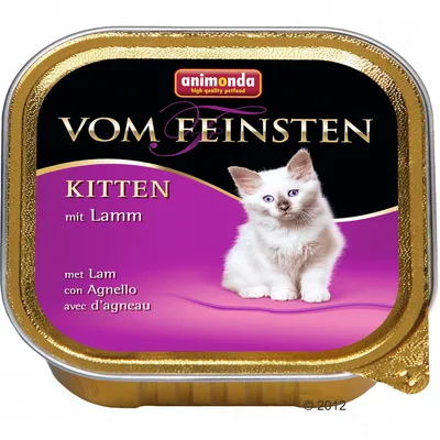 animonda Vom Feinsten Kitten met Lam. Tekst op verpakking: mit Lamm, met Lam, con Agnello, avec d’agneau. Afbeelding van een witte kitten op de voorkant.