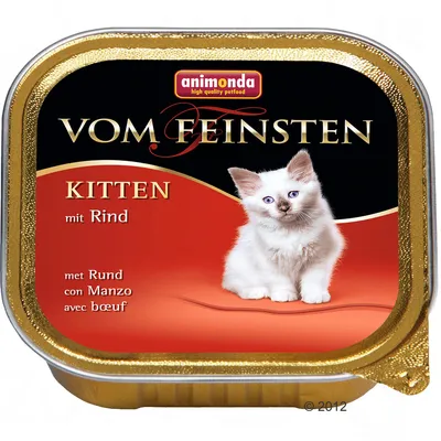 animonda Vom Feinsten Kitten met rund, kattenvoer voor kittens. Tekst op verpakking: mit Rind, met Rund, con Manzo, avec bœuf. Afbeelding van een witte kitten.