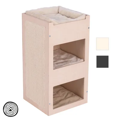 Kočičí škrabadlo a pelíšek z dřeva se třemi polstrovanými úrovněmi, boční sisalová plocha na škrábání. Dvě barevné varianty: krémová a tmavě šedá.