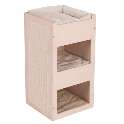 Raapimiskaluste puusta, kolme tasoa, sivusuuntainen raapimapinta ja pehmustetut makuualustat.