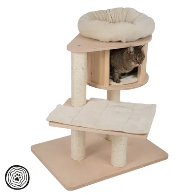 Cat tree made of wood with three levels, sisal posts and padded lying areas. Cat sits in the middle cave. Top level with round cuddly bed.