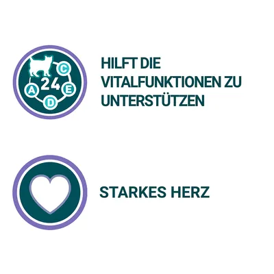 Teksti saksaksi: 'HILFT DIE VITALFUNKTIONEN ZU UNTERSTÜTZEN', 'STARKES HERZ'. Ylhäällä kissan ja vitamiinien symboli, alhaalla sydänsymboli.