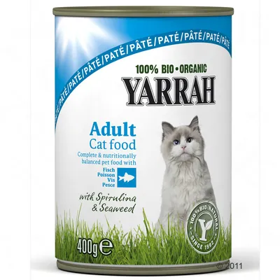 Yarrah 100% Bio Organic Adult Cat food, paté med fisk, spirulina og tang, 400 g. Tekst: Complete & nutritionally balanced pet food with Fisch Poisson Vis Pesce. 100% bio/natural since 1992.