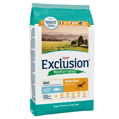Dorado Exclusion Mediterraneo Adult Medium Breed с риба, монопротеин, без глутен, без тестове върху животни. Супер премиум храна за кучета 11-30 кг, възраст 12 месеца до 7 години.