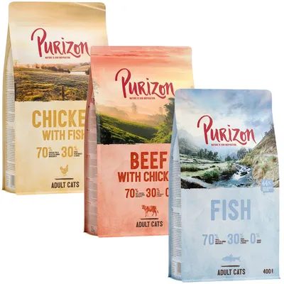 Tre poser Purizon kattefoder: Chicken with Fish, Beef with Chicken og Fish. Alle til voksne katte, 70 % animalske ingredienser, 30 % frugt og grønt, 0 % korn. 400 g på Fish-varianten.
