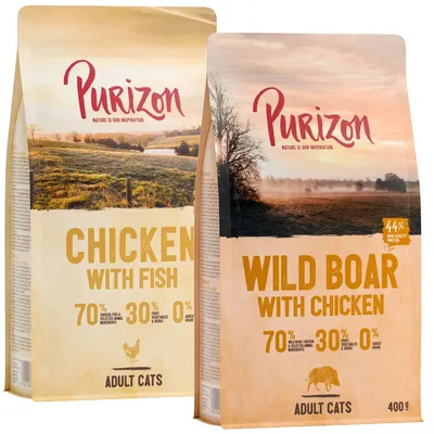Purizon suché krmivo pro dospělé kočky: Chicken with Fish a Wild Boar with Chicken. 70 % masa, 30 % ovoce/zeleniny, 0 % obilovin. Balení 400 g.
