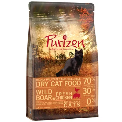 Purizon droog kattenvoer, wild zwijn & verse kip, 2,5 kg. 70% geselecteerde dierlijke ingrediënten, 30% fruit, groenten & kruiden, 0% toegevoegde granen. Voor volwassen katten.