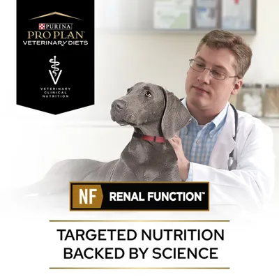 Purina Pro Plan Veterinary Diets NF Renal Function. Targeted nutrition backed by science. Veterinary clinical nutrition shown with a dog and a person in a white coat.