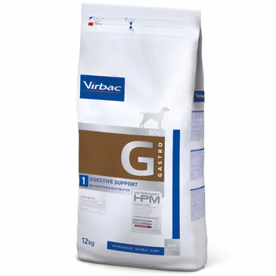 Sac de 12 kg Virbac Veterinary HPM G Gastro Dog, Digestive Support, maldigestion & restoration. Texte visible : protéines 30 %, matières grasses 16 %, fibres 3,5 %.