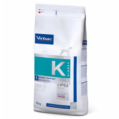 Sac de 12 kg Virbac K Kidney Support Dog, mentionne 'Kidney Support', 'Renal Insufficiency', 'Veterinary HPM', pour chien, texte en anglais visible sur l'emballage.