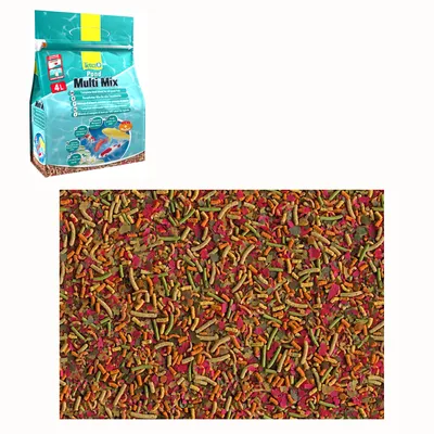 Tetra Pond Multi Mix 4L -pussi ja värikäs sekoitus kalanruokahiutaleita ja tikkuja. Pakkauksessa näkyy tuotteen nimi ja kuva kaloista vedessä. Tetra Pond Multi Mix 4L -pussi ja värikäs sekoitus kalanruokahiutaleita ja tikkuja. Pakkauksessa näkyy tuotteen nimi ja kuva kaloista vedessä.