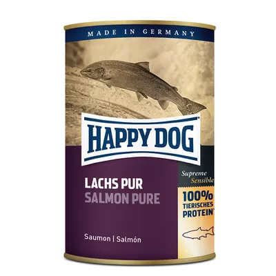 Happy Dog Lachs Pur Salmon Pure -koiranruokapurkki, tekstit: Made in Germany, Supreme Sensible, 100% tierisches protein, Saumon, Salmón. Kuvassa lohi ja kalan ääriviiva.