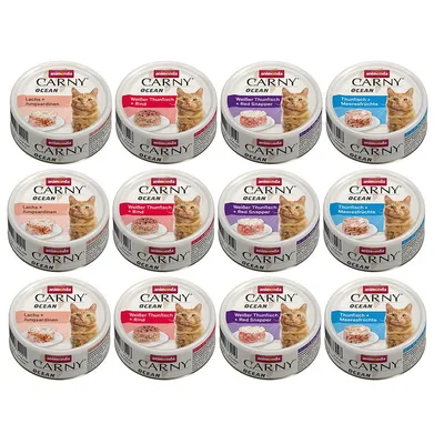 12 lattine di cibo per gatti Animonda Carny Ocean, vari gusti visibili: salmone e sardine giovani, tonno bianco e manzo, tonno bianco e red snapper, tonno e frutti di mare.