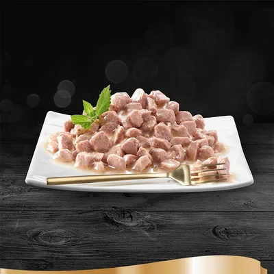 Bocconcini di cibo umido per animali su piatto bianco con forchetta dorata e decorazione di foglie verdi, presentati su sfondo scuro.