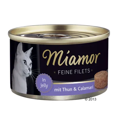 Boîte de filets pour chat Miamor Feine Filets, texte visible : In Jelly, mit Thun & Calamari. Étiquette avec photo de chat et morceau de filet.