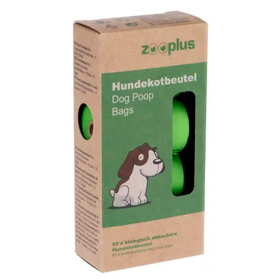 Confezione zooplus Hundekotbeutel Dog Poop Bags, 60 sacchetti biodegradabili per deiezioni canine, visibili rotoli verdi attraverso la finestra della scatola. Testo in tedesco e inglese.