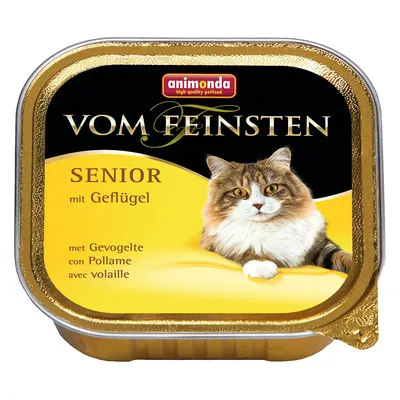 Embalagem de comida húmida para gatos Animonda Vom Feinsten Senior mit Geflügel. Texto visível: met Gevogelte, con Pollame, avec volaille. Imagem de um gato na frente.