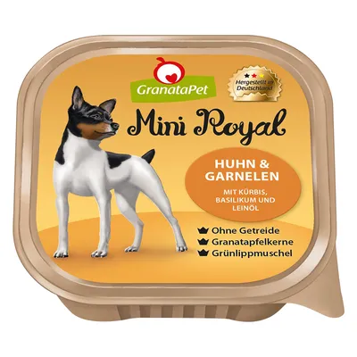 Упаковка GranataPet Mini Royal. Huhn & Garnelen, mit Kürbis, Basilikum und Leinöl. Ohne Getreide, Granatapfelkerne, Grünlippmuschel. Hergestellt in Deutschland.