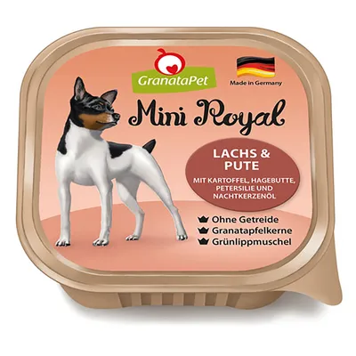 GranataPet Mini Royal łosoś i indyk. Z ziemniakiem, dziką różą, pietruszką i olejem z wiesiołka. Bez zbóż, pestek granatu, małży zielonowargowej. Wyprodukowano w Niemczech.