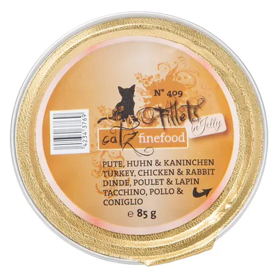 catz finefood Fillets in Jelly N°409, пуешко, пилешко и заешко, 85 г. Текст на опаковката на няколко езика.