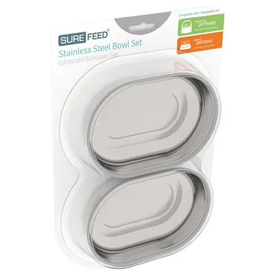 SureFeed Edelstahl-Schüssel-Set, kompatibel mit Mikrochip Pet Feeder und Sealed Pet Bowl. Verpackung zeigt zwei ovale Edelstahlschüsseln.