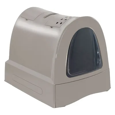 Maison de toilette pour chat en plastique gris avec porte battante foncée et aération sur le dessus, sans marque visible.