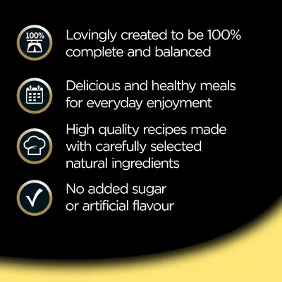 Englanninkielinen teksti: 100 % complete and balanced, delicious and healthy meals, high quality recipes, no added sugar or artificial flavour. Ei lisättyä sokeria tai keinotekoista makua.