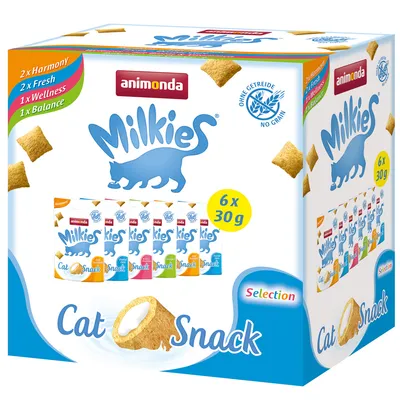 Animonda Milkies Cat Snack, 6 x 30g, Sorten: 2x Harmony, 2x Fresh, 1x Wellness, 1x Balance, ohne Getreide.