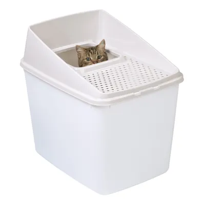 Kattetoilet i hvid plastik med åbning i toppen og perforeret låg, brunstribet kat kigger op gennem åbningen. Ingen synlig mærkning eller tekst.
