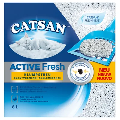 Catsan Active Fresh clumping litter with odour-binding activated carbon, effective odour control, high absorbency, 8L. New.